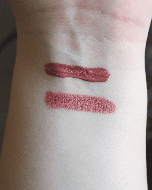 Charlotte Tilbury Matte Revolution Pillow Talk lipstick and peripera INK The Velvet in #22 Bouquet Nude swatches