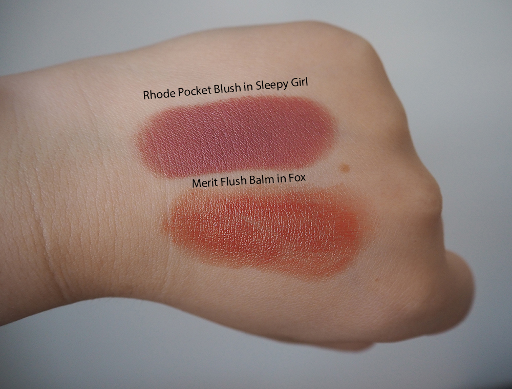 Merit Flush Balm in Fox and Rhode Pocket Blush in Sleepy Girl swatches